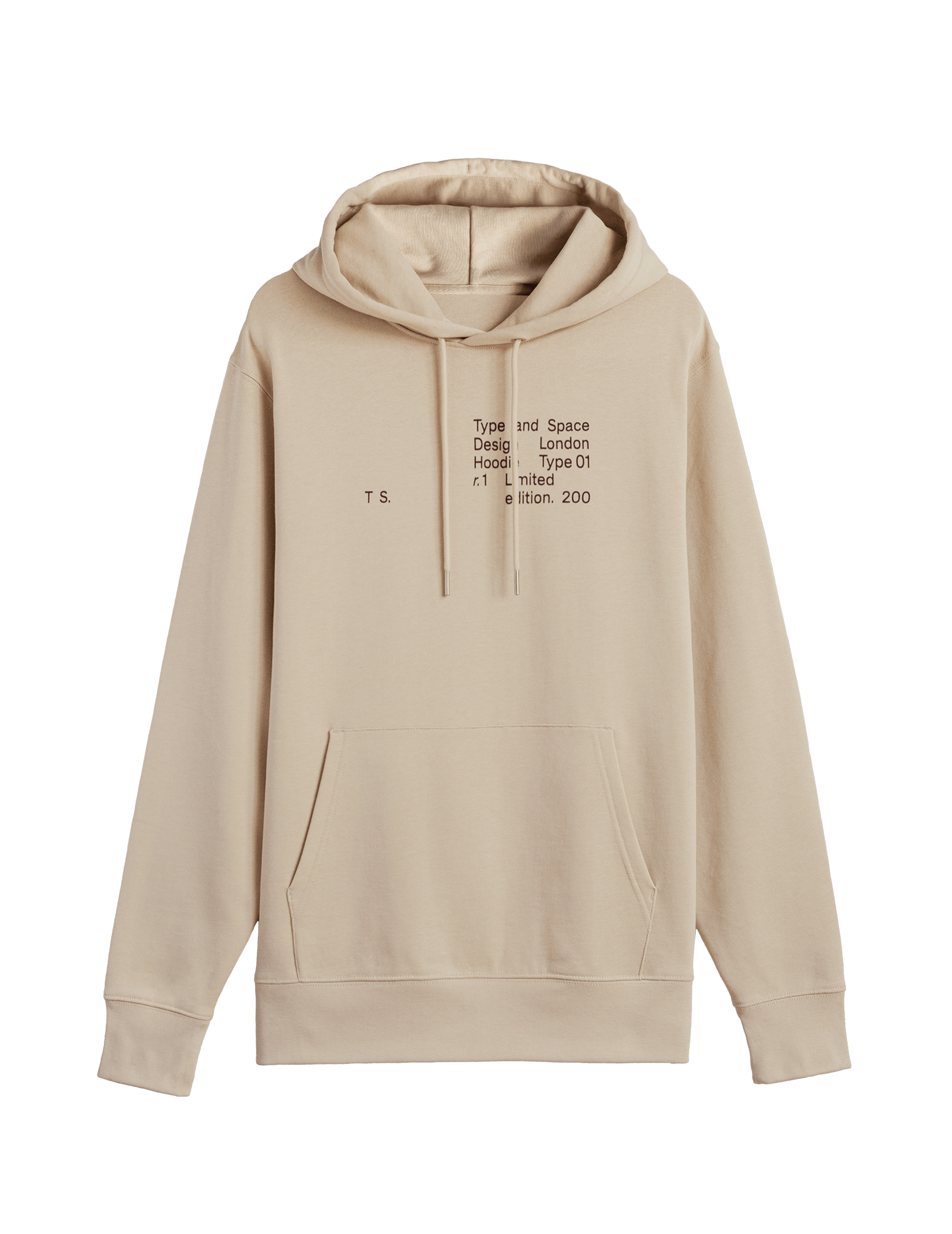 A sand coloured hoodie viewed from the front with a black print that says ‘Type and Space Design London Hoodie Type 01 r1 Limited Edition. 200’.