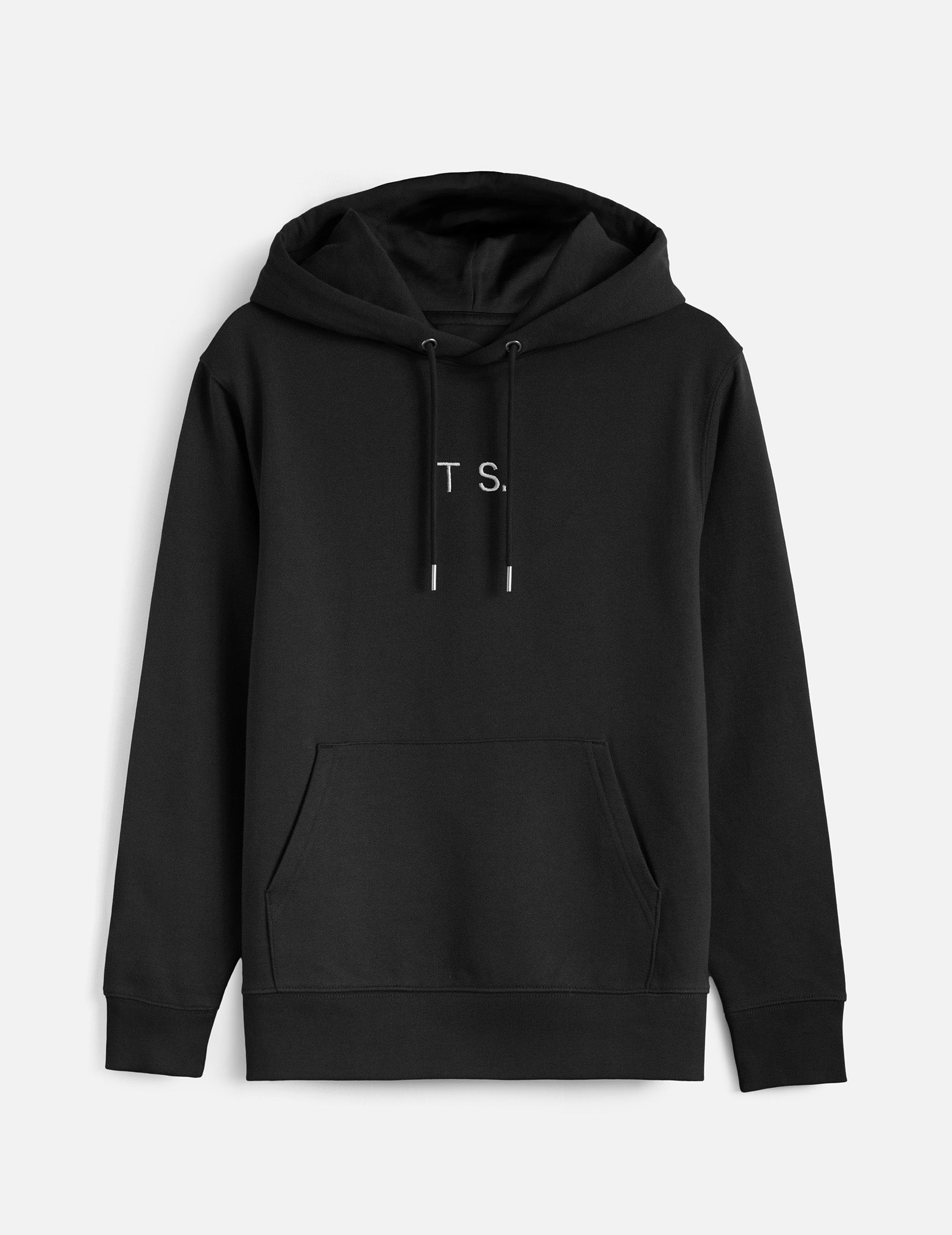 A black coloured hoodie viewed from the front. The letters 'T' and 'S' are embroidered at the centre are in white