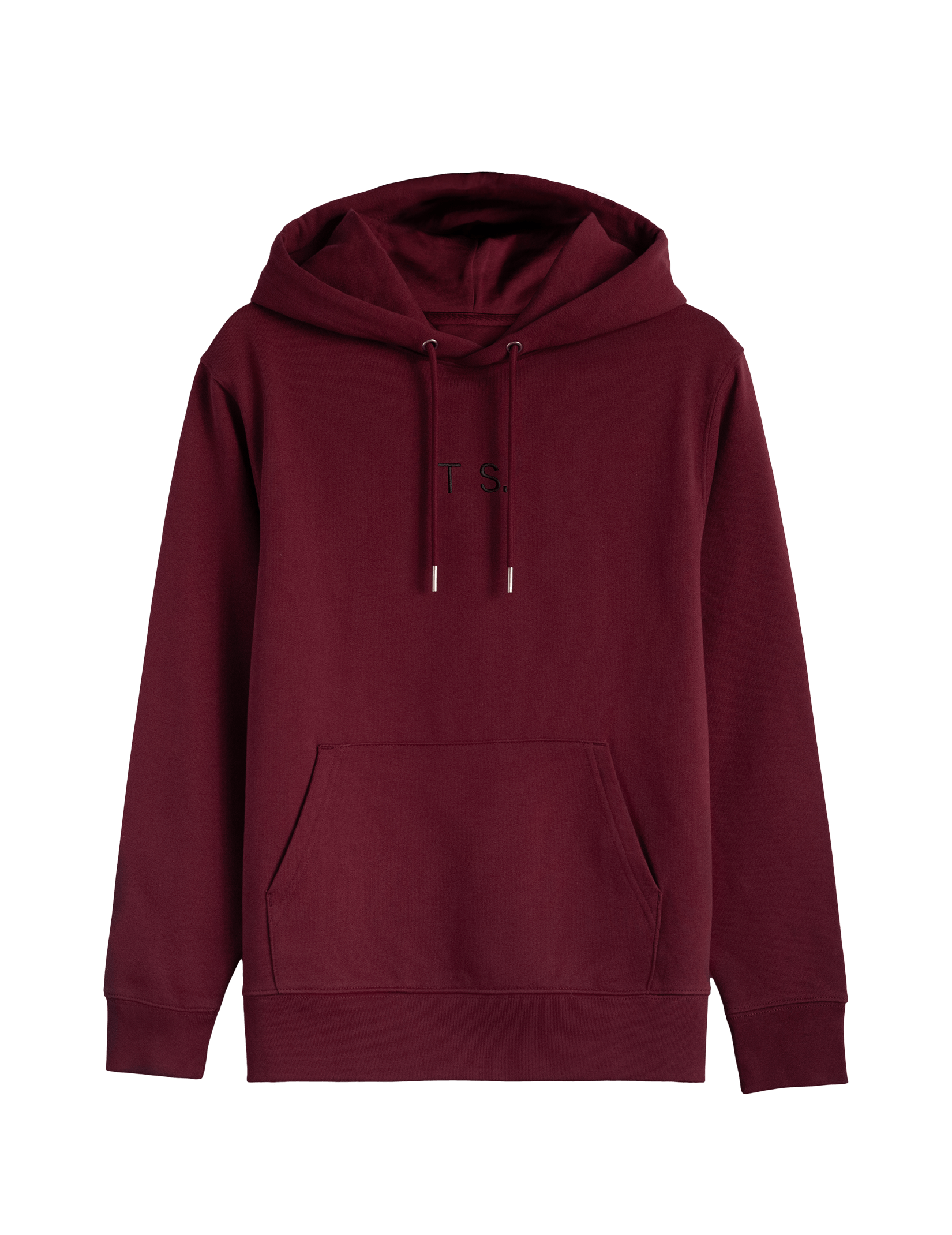 A dark red coloured hoodie viewed from the front. The letters 'T' and 'S' are embroidered at the centre are in black