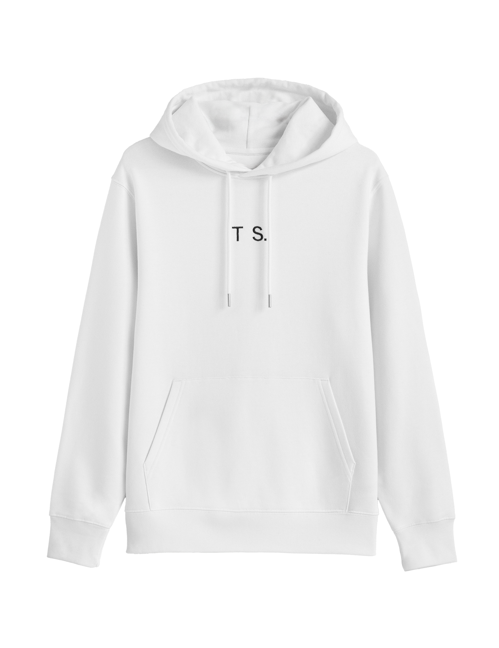 A white hoodie viewed from the front. The letters 'T' and 'S' are embroidered at the centre are in black