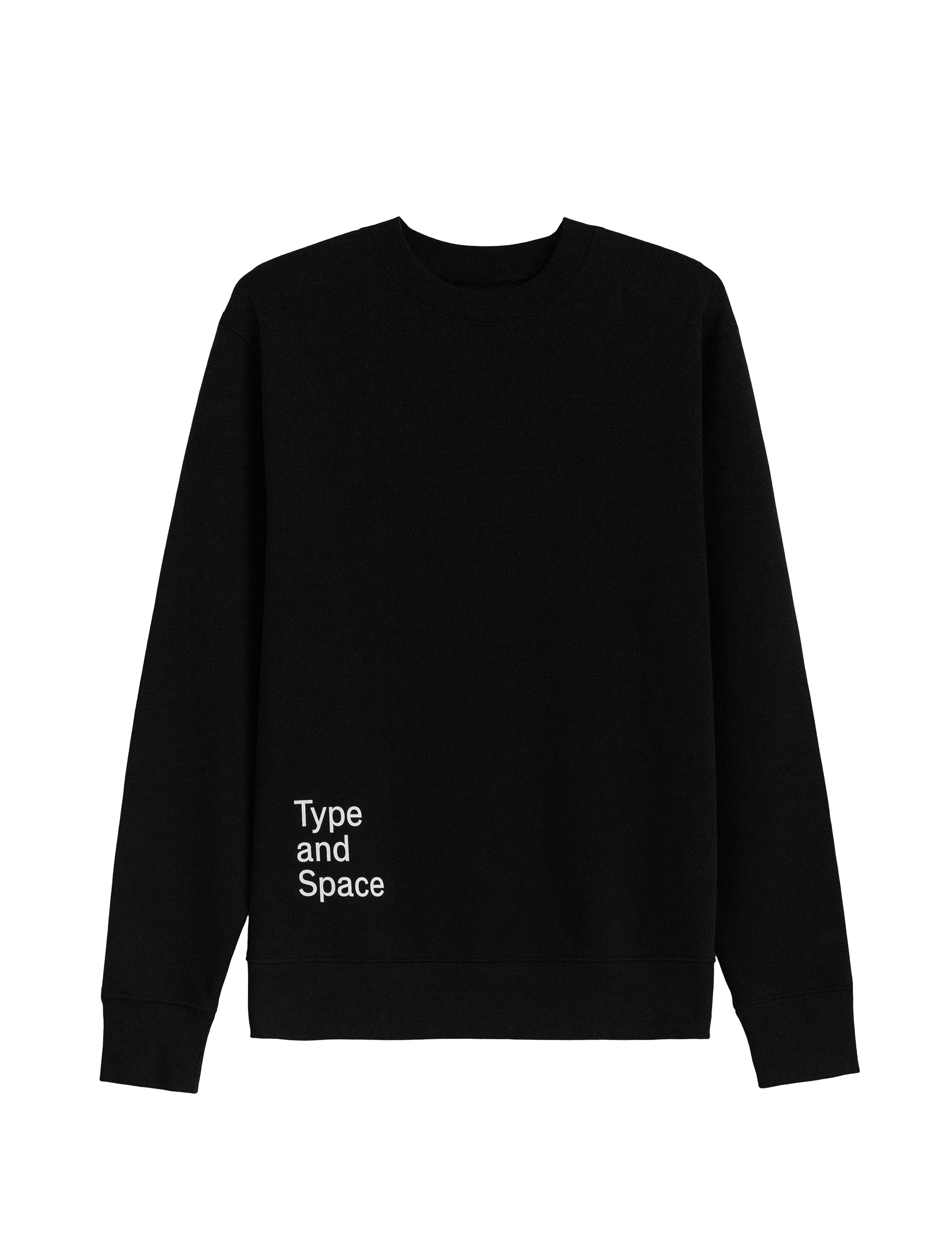 Black sweatshirt viewed from the front with the Type and Space logo in the bottom (looker’s) left.